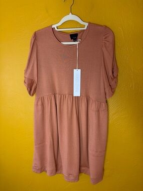 Lumiere Rosewood Smocked Babydoll Dress NWT Twisted Puff Sleeve, Pockets, Soft